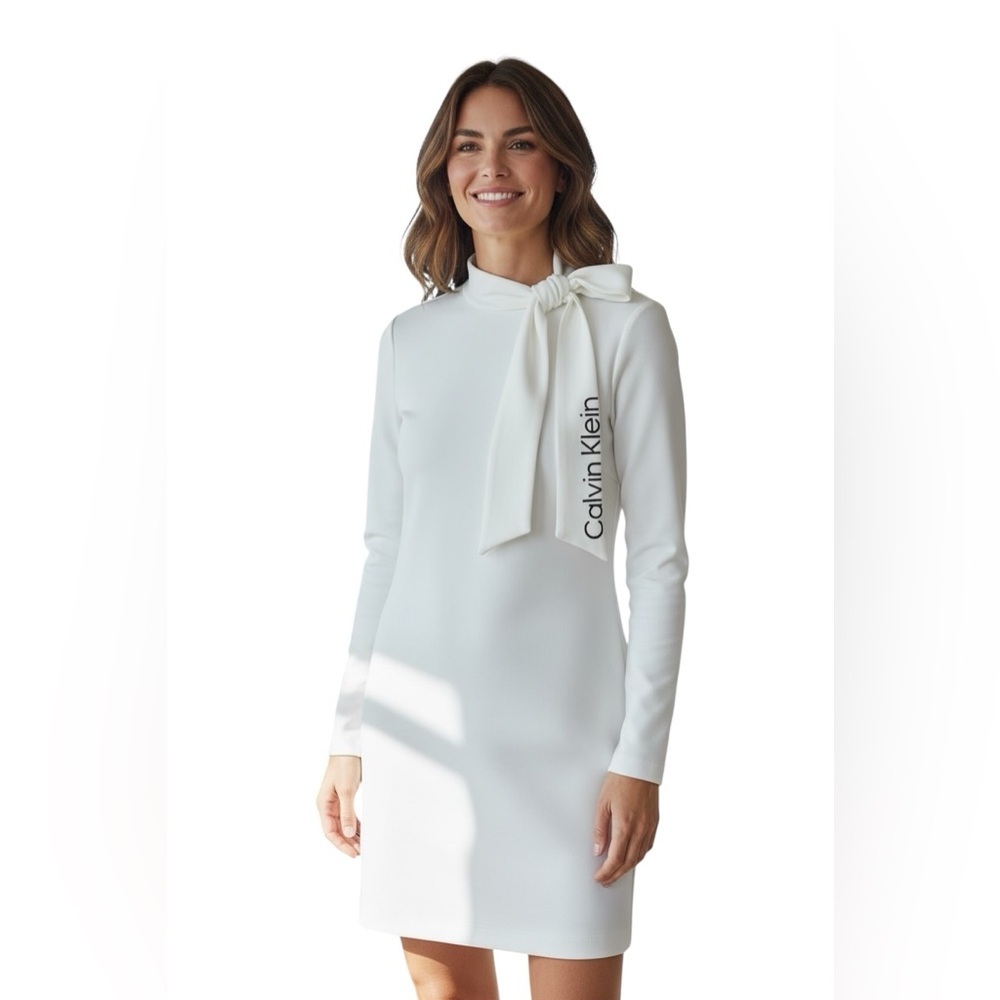 Calvin Klein Ivory Tie Neck Shift Dress Size 4 NWT